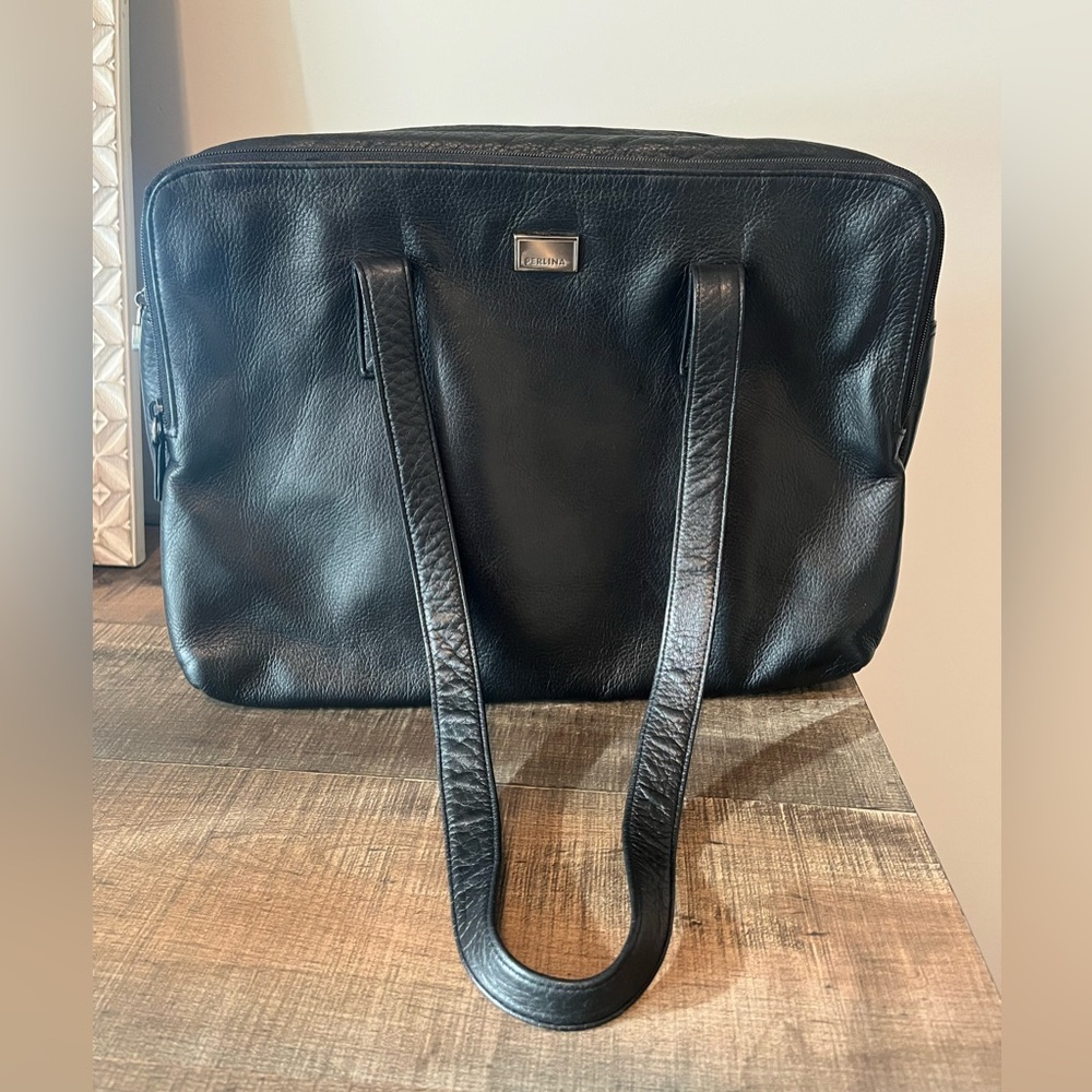 VTG Perlina New York Black Leather Work‎ Tote Briefcase Organizer Bag Triple Zip
